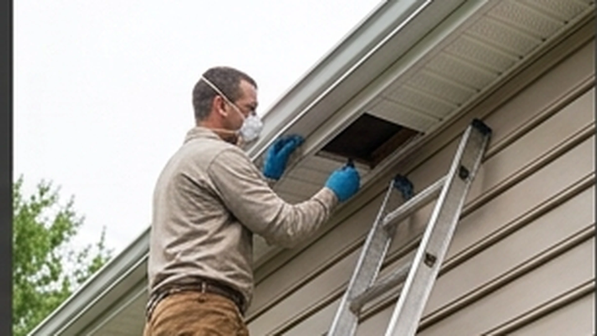 Bat inspection technician checking roofline entry points with professional equipment